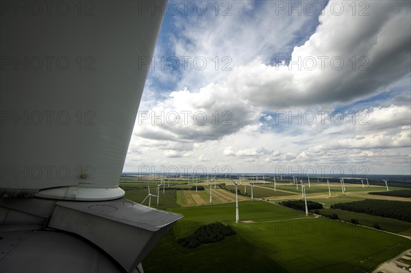 View from a wind turbine onto a wind farm in Luckau