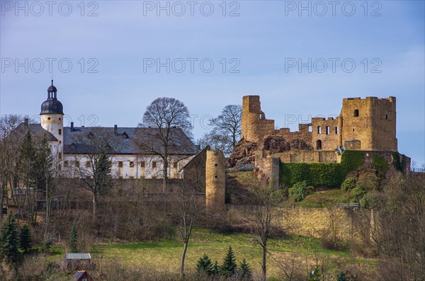 Beautiful view of Frauenstein Castle and Castle Ruins in the Ore Mountains