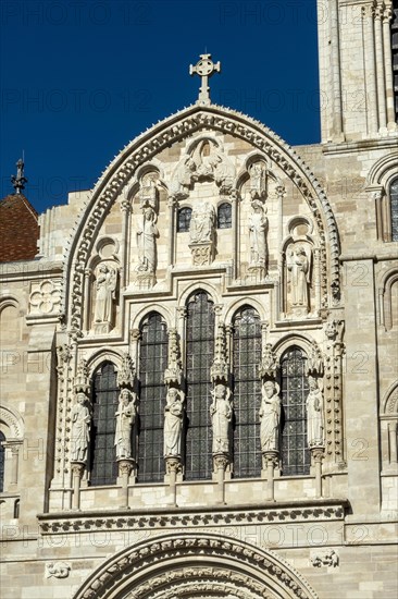 Vezelay labelled les Plus Beaux Villages de France. Facade of basilica St Mary Magdalene.Unesco World heritage. Morvan regional natural park. Via Lemovicensis way to Santiago de Compostela. Yonne department. Bourgogne Franche Comte. France