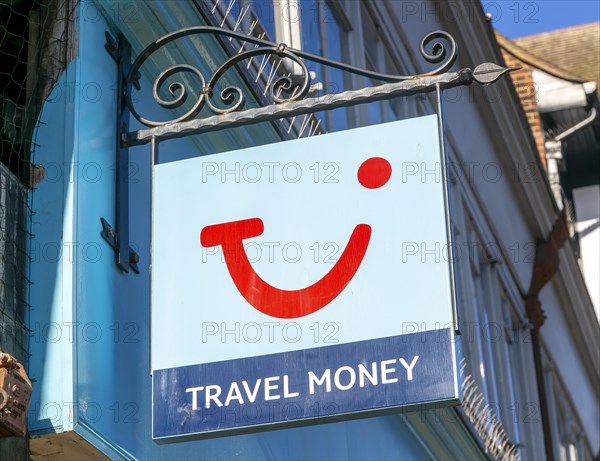 TUI travel money currency exchange sign outside High Street shop