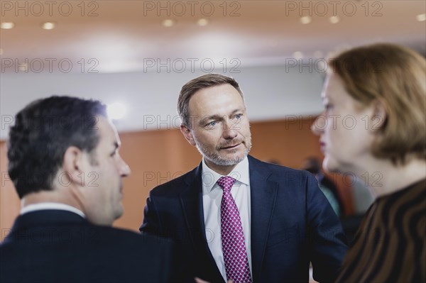 (L-R) Hubertus Heil (SPD), Federal Minister of Labour and Social Affairs, Christian Lindner (FDP), Federal Minister of Finance, and Lisa Paus (Buendnis 90 Die Gruenen), Federal Minister for Family Affairs, Senior Citizens, Women and Youth, recorded during the weekly meeting of the Cabinet in Berlin, 24 May 2023, Berlin, Germany, Europe