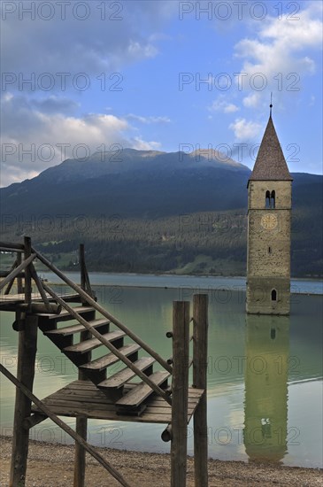 The submerged church tower in Lago di Resia at Curon Venosta
