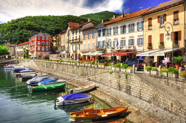 Village Cannobio on the waterfront with a small port in Piedmont