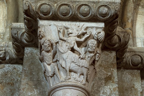 Vezelay labelled les Plus Beaux Villages de France. Sculptures atop the caoitals of Basilica St Mary Magdalene.Unesco World heritage. Morvan regional natural park. Via Lemovicensis way to Santiago de Compostela. Yonne department. Bourgogne Franche Comte. France