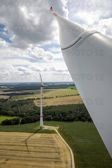 View from a wind turbine next to a field in Luckau