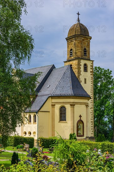 Exterior view of the Baroque pilgrimage and parish church of St. Maria auf dem Rechberg near the district of the same name in Schwaebisch Gmuend