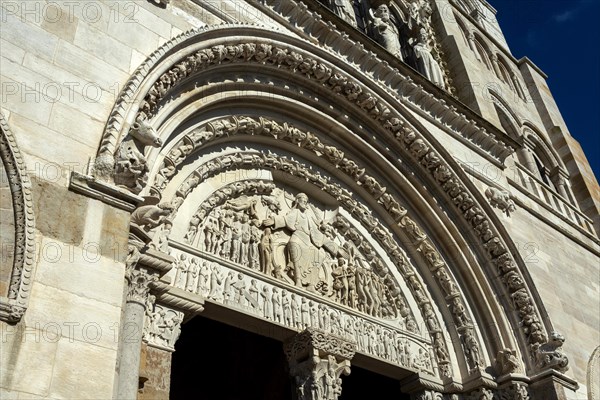 Vezelay labelled les Plus Beaux Villages de France. Morvan regional natural park. The tympanum of Basilica St Mary Magdalene porch