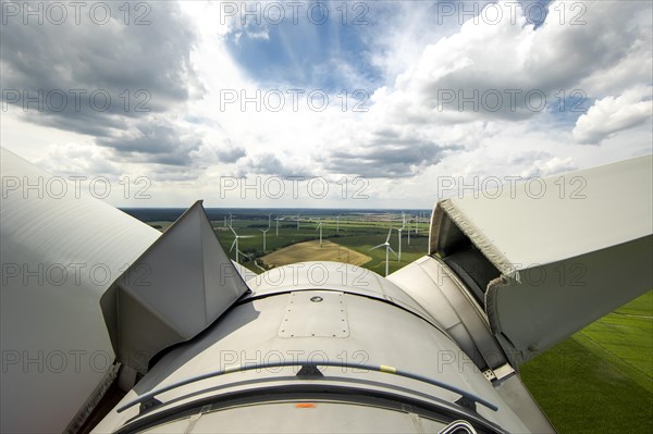 View from a wind turbine onto a wind farm in Luckau