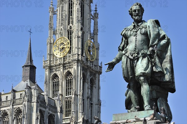 Statue of the Flemish Baroque painter Peter Paul Rubens in front of the Cathedral of Our Lady in Antwerp