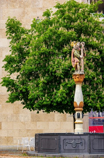 The late Gothic Christophorus Fountain in front of the New Synagogue on the Weinhof