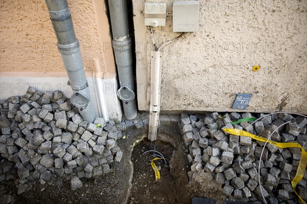 Laying of fibre optic cables. Construction work in Bad Belzig