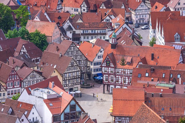 View from above over the small town of Bad Urach at the foot of the Swabian Alb