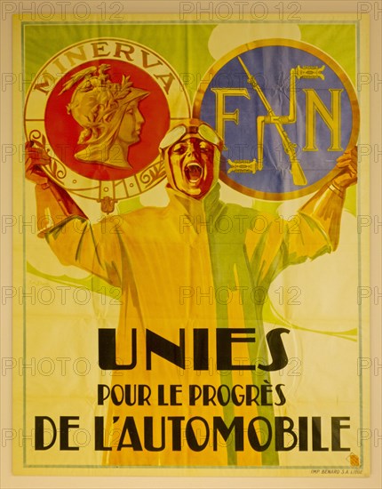 Old archival poster about the fusion of the Belgian automobile manufacturers Minerva and FN