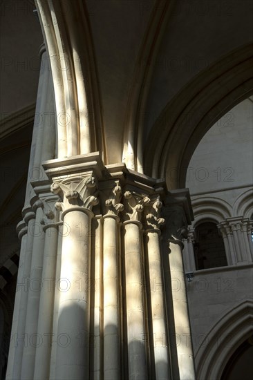 Vezelay labelled les Plus Beaux Villages de France. Columns lit by the rays of the sun. Basilica St Mary Magdalene.Unesco World heritage. Morvan regional natural park. Via Lemovicensis way to Santiago de Compostela. Yonne department. Bourgogne Franche Comte. France