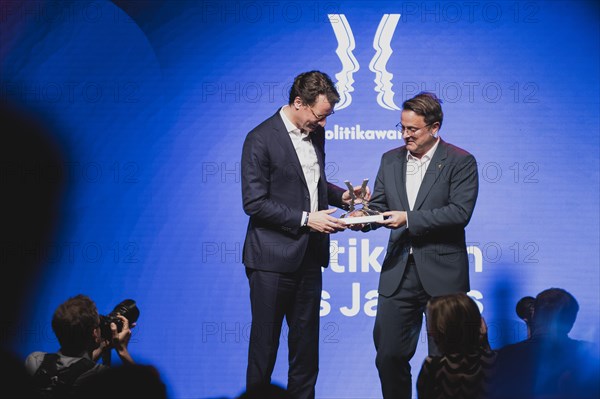 (R-L) Xavier Bettel, Prime Minister of Luxembourg, and Hendrik Wuest, CDU, Minister President of North Rhine-Westphalia, photographed at the Politikawards in Berlin, 22.05.2023., Berlin, Germany, Europe