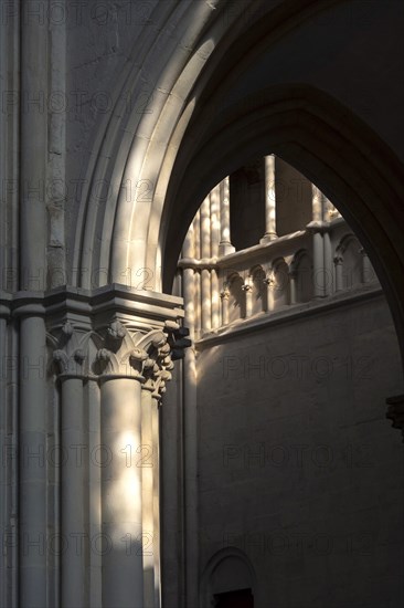 Vezelay labelled les Plus Beaux Villages de France. Columns lit by the rays of the sun. Basilica St Mary Magdalene.Unesco World heritage. Morvan regional natural park. Via Lemovicensis way to Santiago de Compostela. Yonne department. Bourgogne Franche Comte. France