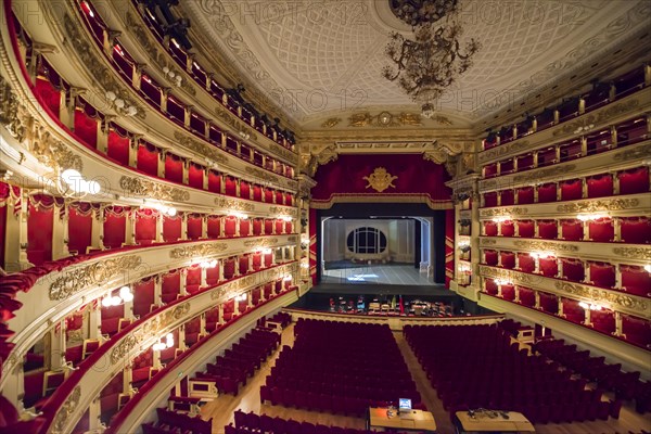 Inside illuminated Scala Theater in Milan