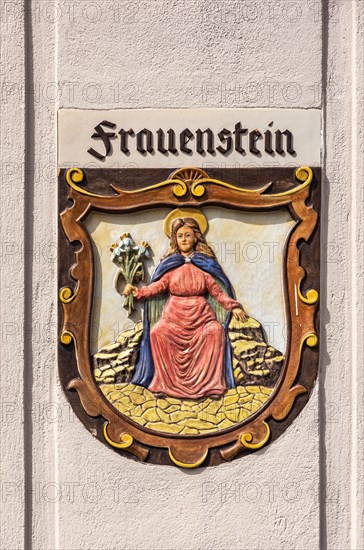 City coat of arms on the town hall of Frauenstein im Erzgebirge