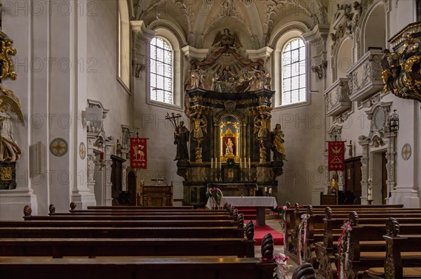 Interior view looking towards the altar of the Baroque pilgrimage and parish church of St. Maria auf dem Rechberg near the district of the same name in Schwaebisch Gmuend