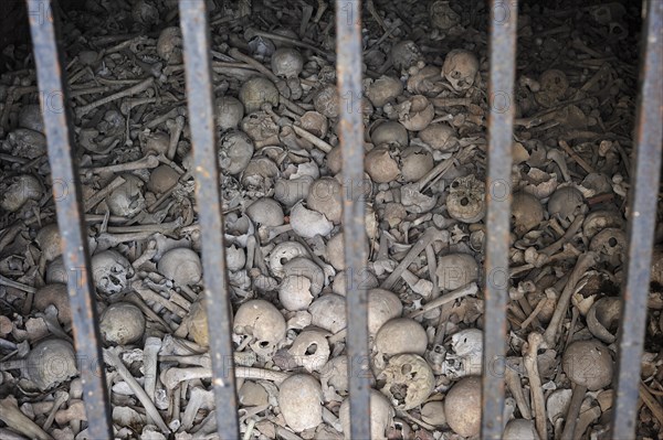 Skulls and bones at the charnel house of the Saint-Sebastien chapel at Dambach-la-Ville