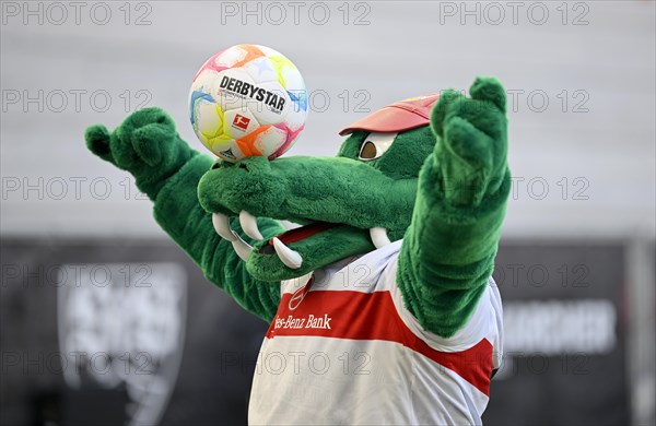 Mascot Fritzle Crocodile balances Adidas Derbystar match ball on snout