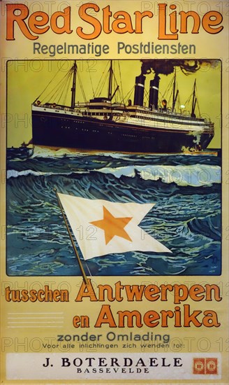 19th century vintage poster of the Red Star Line advertising crossings under Belgian flag between Antwerp and the United States