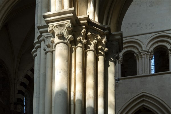 Vezelay labelled les Plus Beaux Villages de France. Columns lit by the rays of the sun. Basilica St Mary Magdalene.Unesco World heritage. Morvan regional natural park. Via Lemovicensis way to Santiago de Compostela. Yonne department. Bourgogne Franche Comte. France