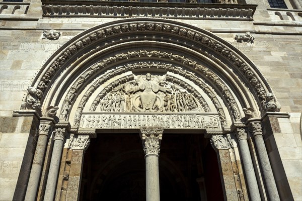 Vezelay labelled les Plus Beaux Villages de France. Morvan regional natural park. The tympanum of Basilica St Mary Magdalene porch