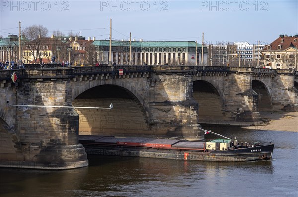 The Czech inland cargo ship Labe 10 sails on the Elbe under the Augustus Bridge