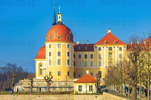 Exterior view of Moritzburg Castle in winter with half-frozen castle pond from the south