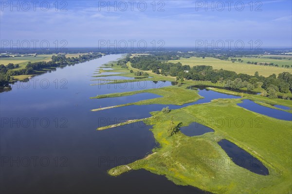 Aerial view over the river Elbe flowing through the Lower Saxon Elbe Valley Biosphere Reserve in summer