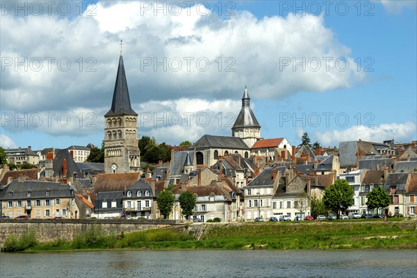 La Charite sur Loire. View on the Sainte-Croix bell tower and the Notre-Dame church. Nievre department. Bourgogne franche Comte. France