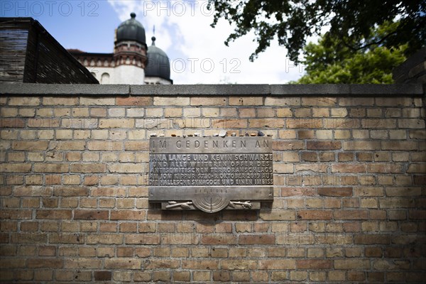 Memorial plaque at the synagogue that was the target of a right-wing extremist attack in October 2019