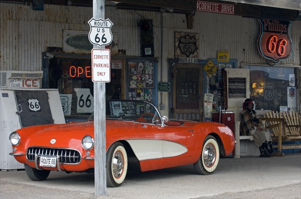 Old Corvette vintage car at gas pump of the General Store along the historic Route 66 in the Hackberry ghost town in Arizona