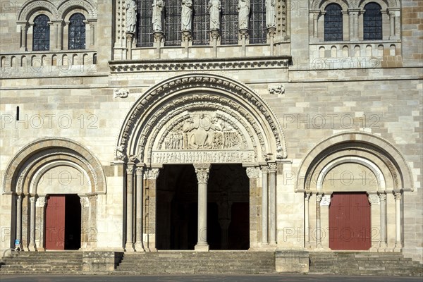 Vezelay labelled les Plus Beaux Villages de France. Morvan regional natural park. The tympanum of Basilica St Mary Magdalene porch