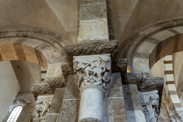 Vezelay labelled les Plus Beaux Villages de France. Sculptures atop the caoitals of Basilica St Mary Magdalene.Unesco World heritage. Morvan regional natural park. Via Lemovicensis way to Santiago de Compostela. Yonne department. Bourgogne Franche Comte. France