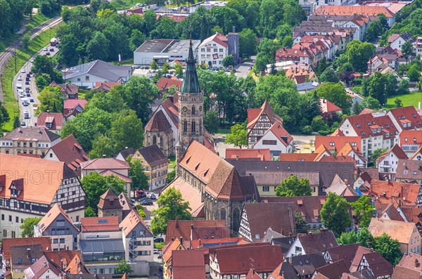 View from above over the small town of Bad Urach at the foot of the Swabian Alb