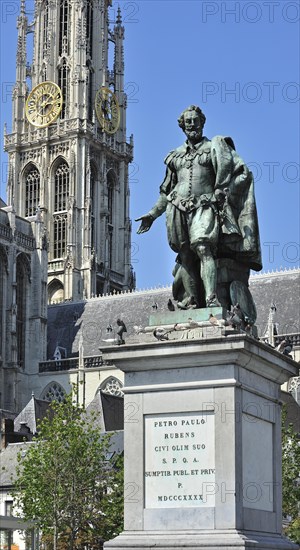 Statue of the Flemish Baroque painter Peter Paul Rubens in front of the Cathedral of Our Lady in Antwerp