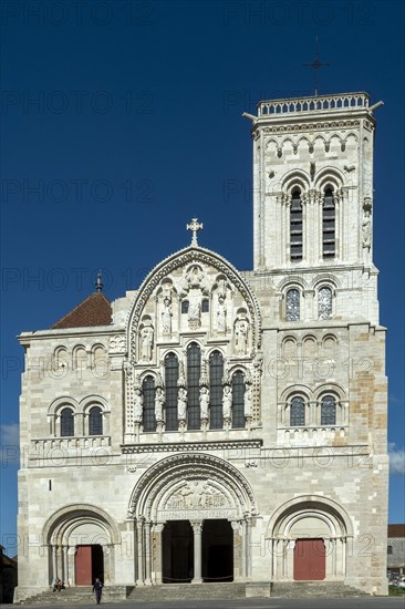 Vezelay labelled les Plus Beaux Villages de France. Facade of basilica St Mary Magdalene.Unesco World heritage. Morvan regional natural park. Via Lemovicensis way to Santiago de Compostela. Yonne department. Bourgogne Franche Comte. France