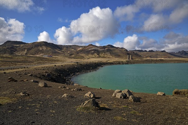 Turquoise-green Lake Graenavatn in an explosion crater