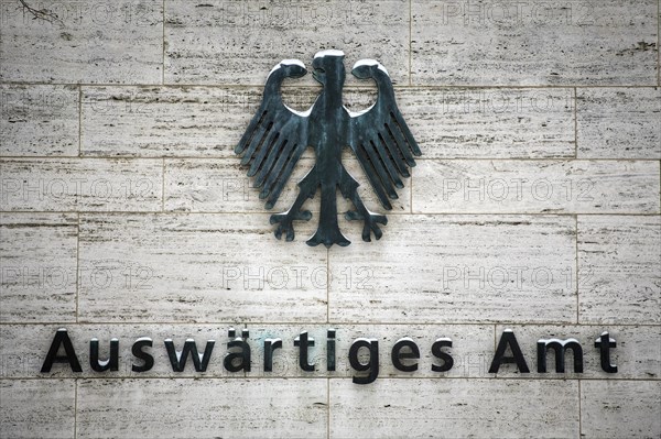 Snow-covered lettering of the Federal Foreign Office. Berlin