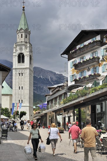 Shopping street and the parish church at Cortina d'Ampezzo