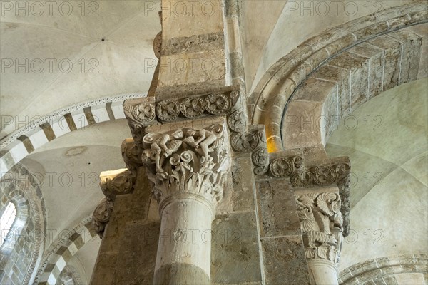 Vezelay labelled les Plus Beaux Villages de France. Sculptures atop the caoitals of Basilica St Mary Magdalene.Unesco World heritage. Morvan regional natural park. Via Lemovicensis way to Santiago de Compostela. Yonne department. Bourgogne Franche Comte. France