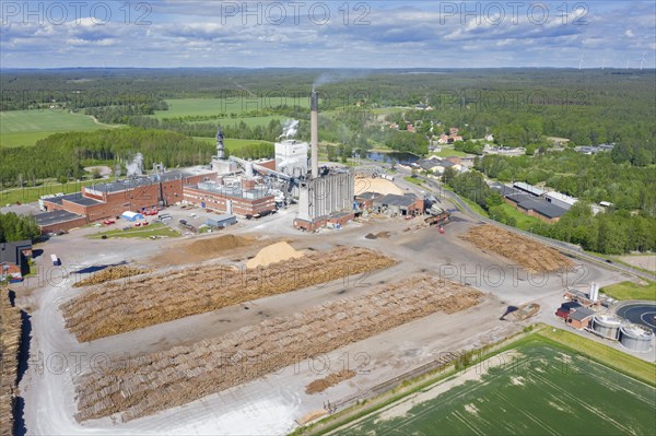 Aerial view over the Nordic Paper Baeckhammar AB paper mill and sulfate pulp factory at Kristinehamn