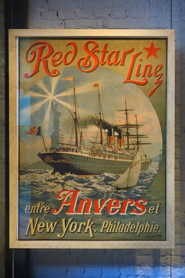 Vintage poster of the Red Star Line showing the passenger ship sailing under Belgian flag between Antwerp