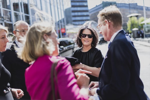 (L-R) Anniken Huitfeldt, Foreign Minister of Norway, Annalena Baerbock (Buendnis 90 Die Gruenen), Federal Minister for Foreign Affairs, and Tobias Billstroem, Foreign Minister of Sweden, photographed in front of the NATO Foreign Ministers Meeting in Oslo, 31 May 2023, Oslo, Norway, Europe