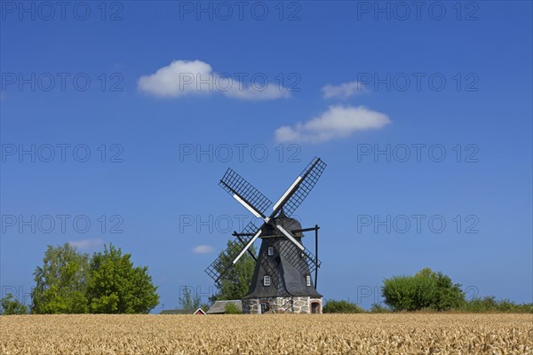 Traditional windmill in wheat field at Vanstad