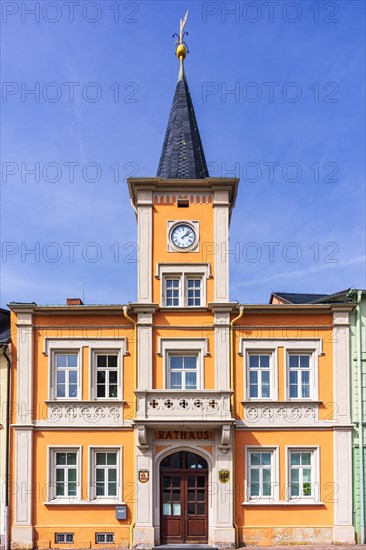 The town hall on the market square of the town of Frauenstein in the Ore Mountains