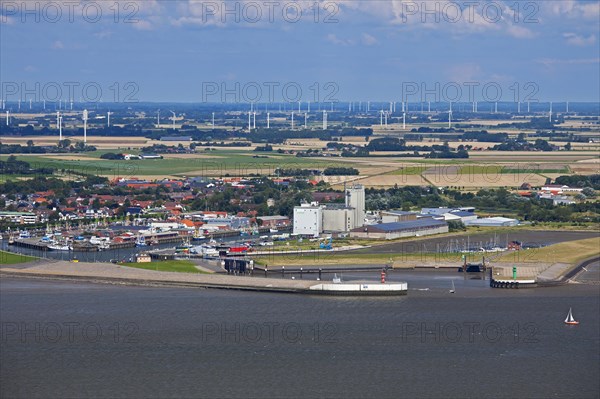 Aerial view over the harbour of Buesum along the North Sea