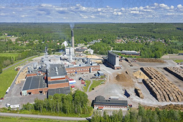 Aerial view over the Nordic Paper Baeckhammar AB paper mill and sulfate pulp factory at Kristinehamn